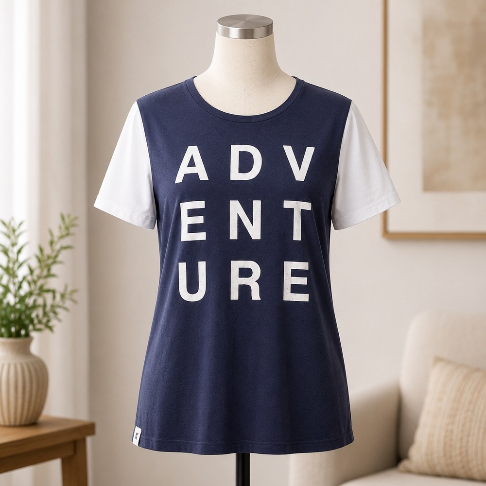304 # Adventure Graphic T-Shirt Mens Medium Navy Blue White Colorblock Tee